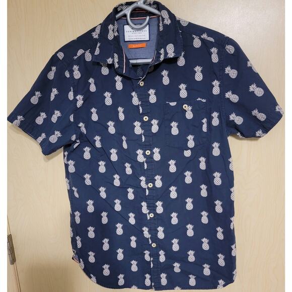 Denim & Flowers Men's Button Down Short Sleeve Shirt Black Pineapple Slim Fit S - Picture 3 of 8